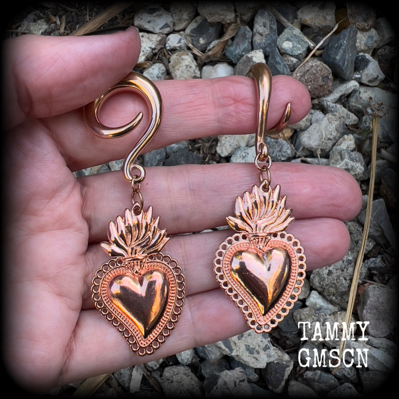 Sacred heart earrings Sacred heart ear weights Milagros heart ear hangers Folk art earrings Folk horror jewelry Ear jewellery Gauged earrings Flaming heart jewellery Santeria Voodoo Vodou Tattoo jewelry