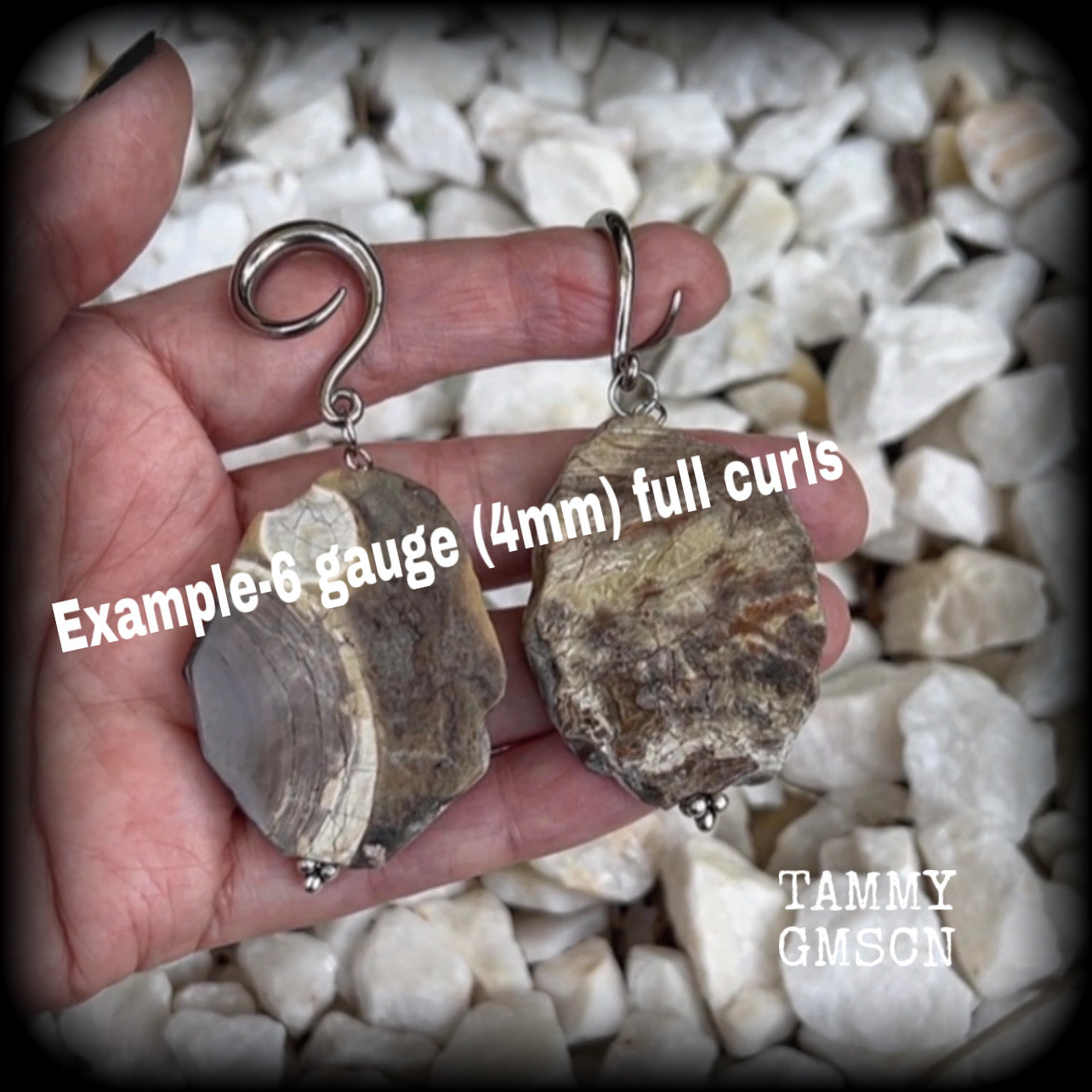 This pair of gorgeous gauged earrings features unique petrified wood slices, weighing in at approx 23 grams a piece, and are nice and dangly at just on 8cms from tip to tip.

This pair has been made on 6 gauge (4mm) surgical steel full curl hooks, to be worn in stretched lobes.
