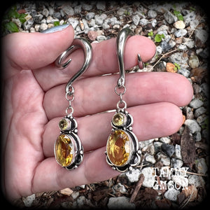 Yellow citrine gauged earrings-Gemstone ear weights-Hanging gauges