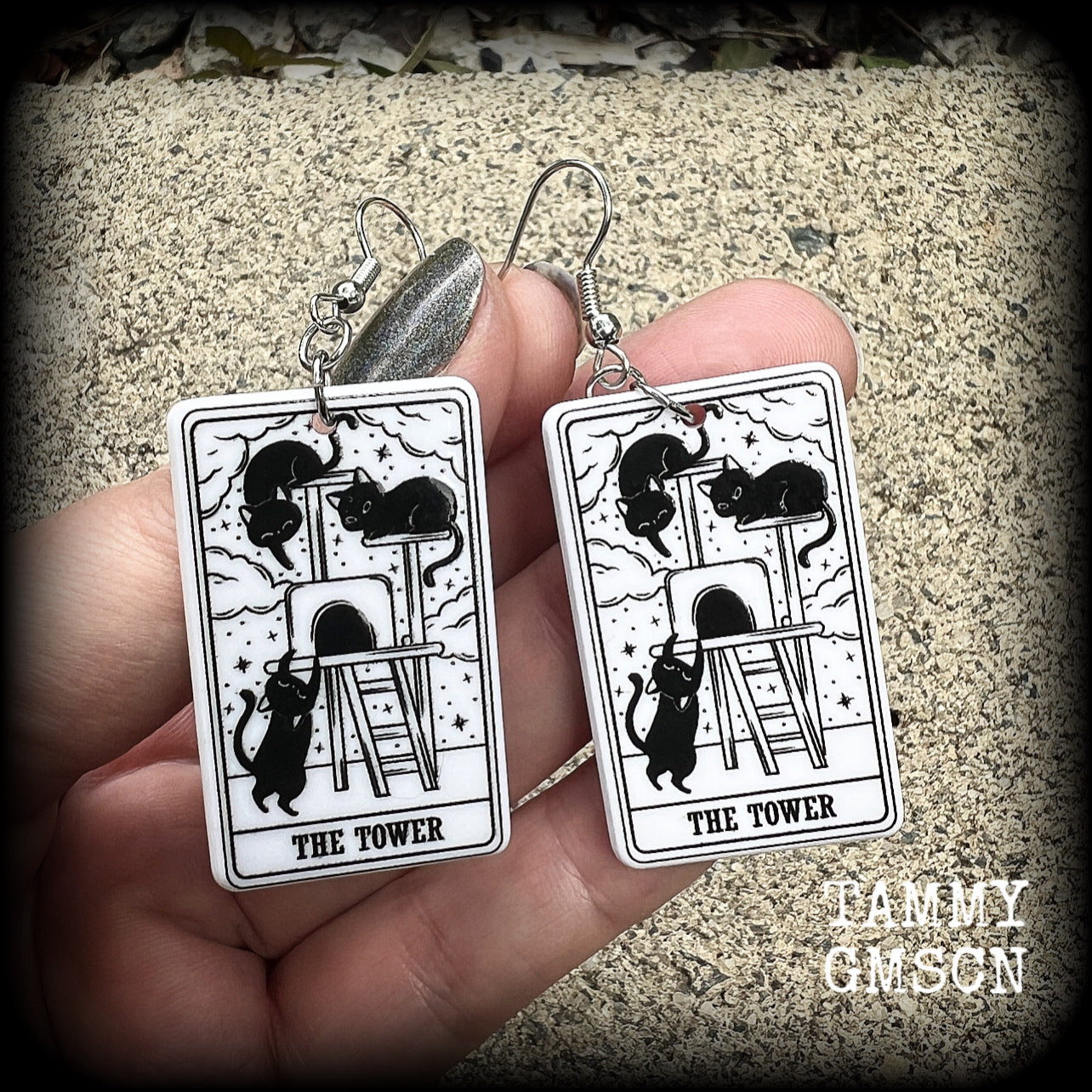 The Cat Tower tarot card earrings