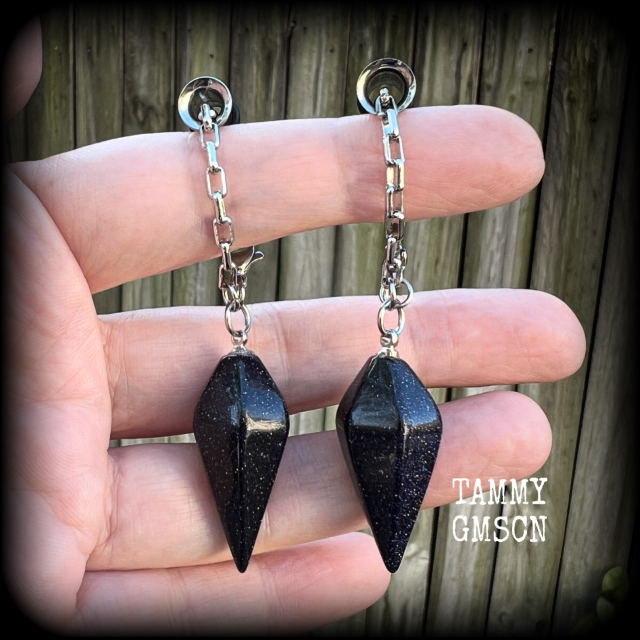 Goldstone pendulum gemstone tunnel dangles-TUNNELS INCLUDED