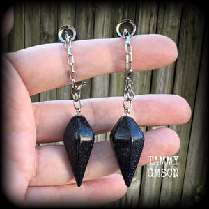 Goldstone pendulum gemstone tunnel dangles-TUNNELS INCLUDED