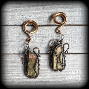 Unakite gauged earrings-Steampunk ear weights