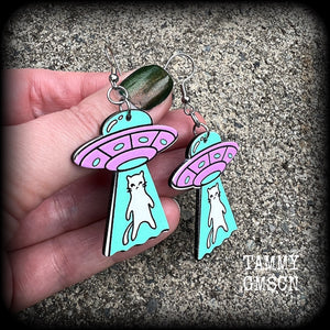 These adorable pastel purple 'UFO cat abduction' earrings measure just over 6cms from tip to tip, and weigh only a few grams each.
This pair has been made on stainless steel french hooks, suitable for pierced ears.