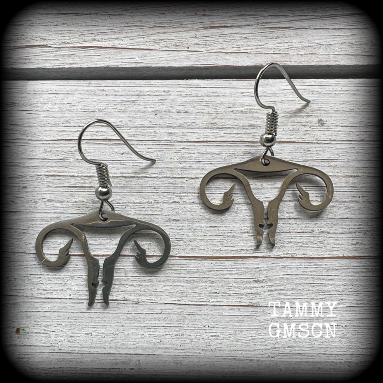 These amazing earrings feature offensive stainless steel female reproductive organs giving the middle finger! Nice and lightweight, weighing only a few grams each, these earrings measure approx 3.5cms from tip to tip.

This pair have been made on stainless steel french hooks, for pierced ears.