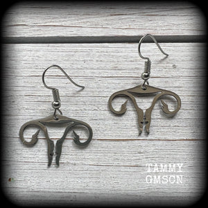 These amazing earrings feature offensive stainless steel female reproductive organs giving the middle finger! Nice and lightweight, weighing only a few grams each, these earrings measure approx 3.5cms from tip to tip.

This pair have been made on stainless steel french hooks, for pierced ears.