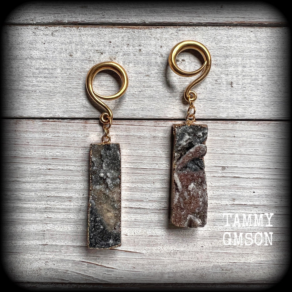 Druzy crystal earrings Druzy ear weights Quartz crystal jewelry Body jewellery Gemstone ear hangers 6 gauge earrings Stretched ears Stretched lobes gauged earrings