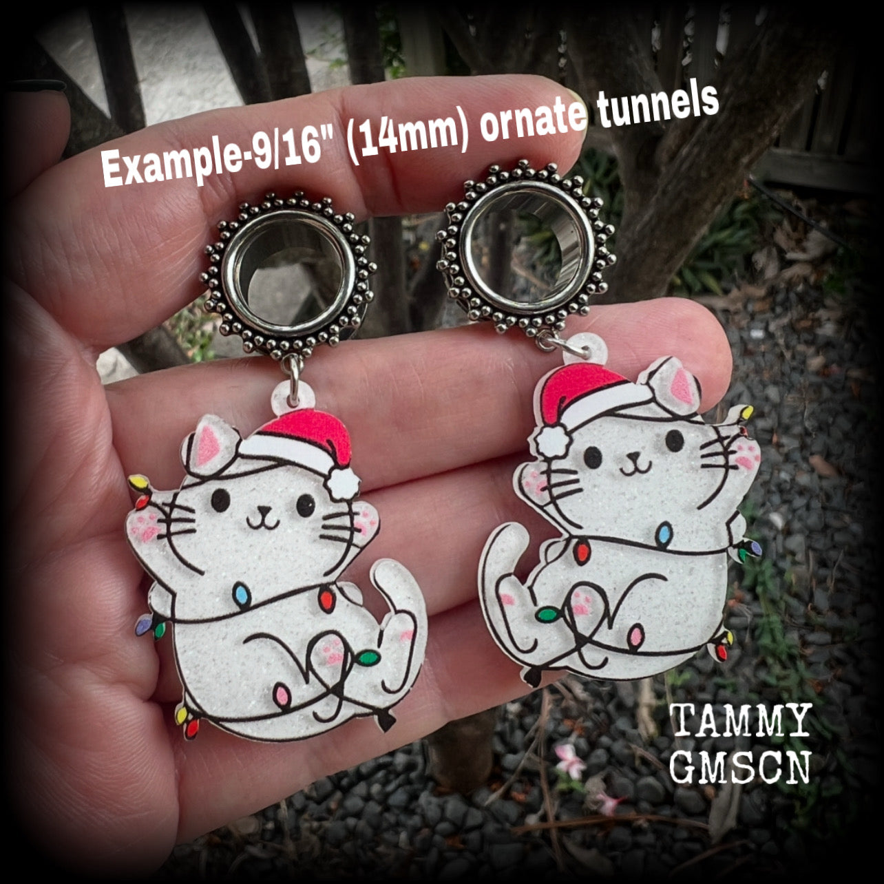 Christmas cat in Santa hat earrings-Christmas tree gauged earrings