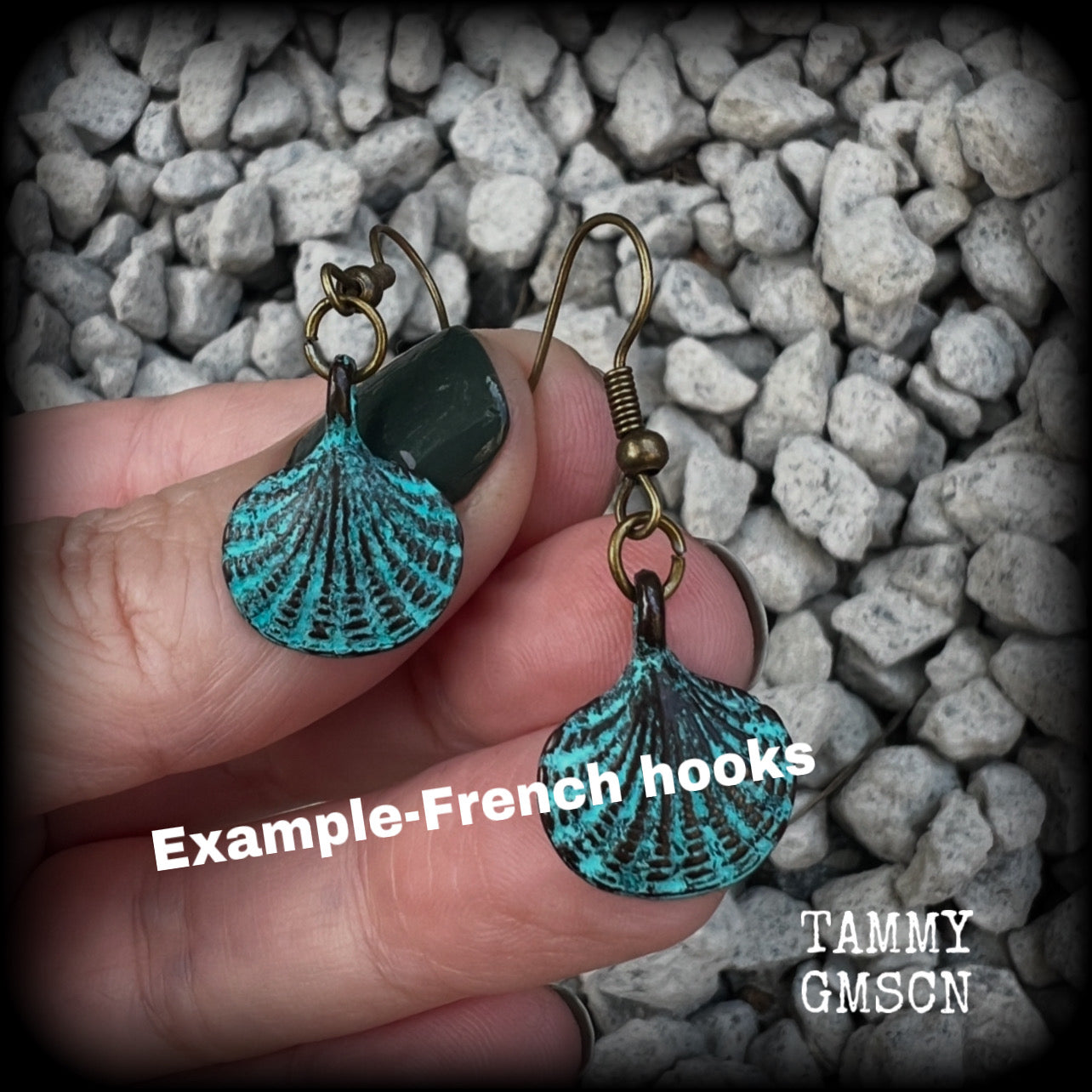 This is a simpler pair of earrings from our Sea Hag range, featuring a single gorgeous verdigris patina charm shell, measuring just under 4cms from tip to tip and weighing only a few grams each.

This pair has been made with antique bronze french hooks, for pierced ears.