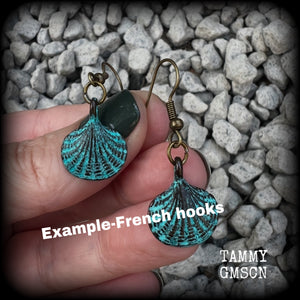 This is a simpler pair of earrings from our Sea Hag range, featuring a single gorgeous verdigris patina charm shell, measuring just under 4cms from tip to tip and weighing only a few grams each.

This pair has been made with antique bronze french hooks, for pierced ears.