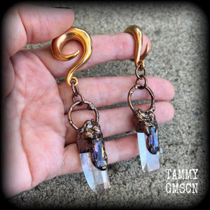 Quartz and amethyst gauged earrings-Gemstone ear weights