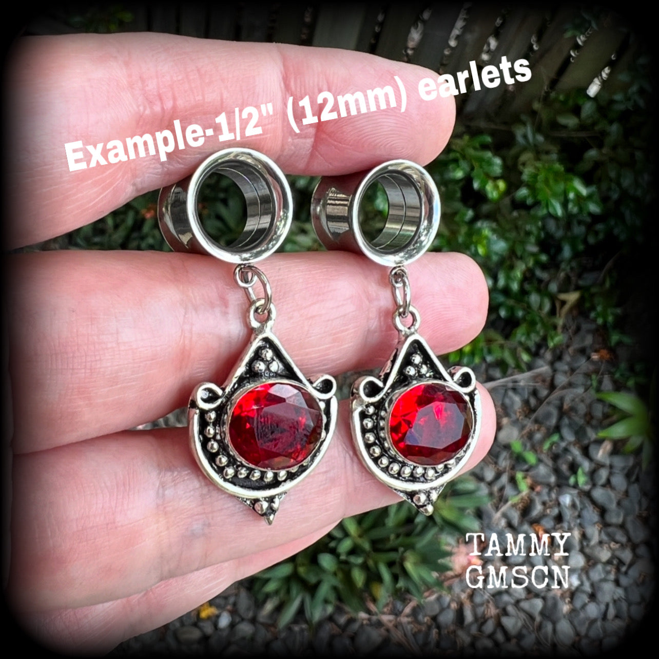 Garnet gemstone tunnel dangles-Gypsy boho gauged earrings