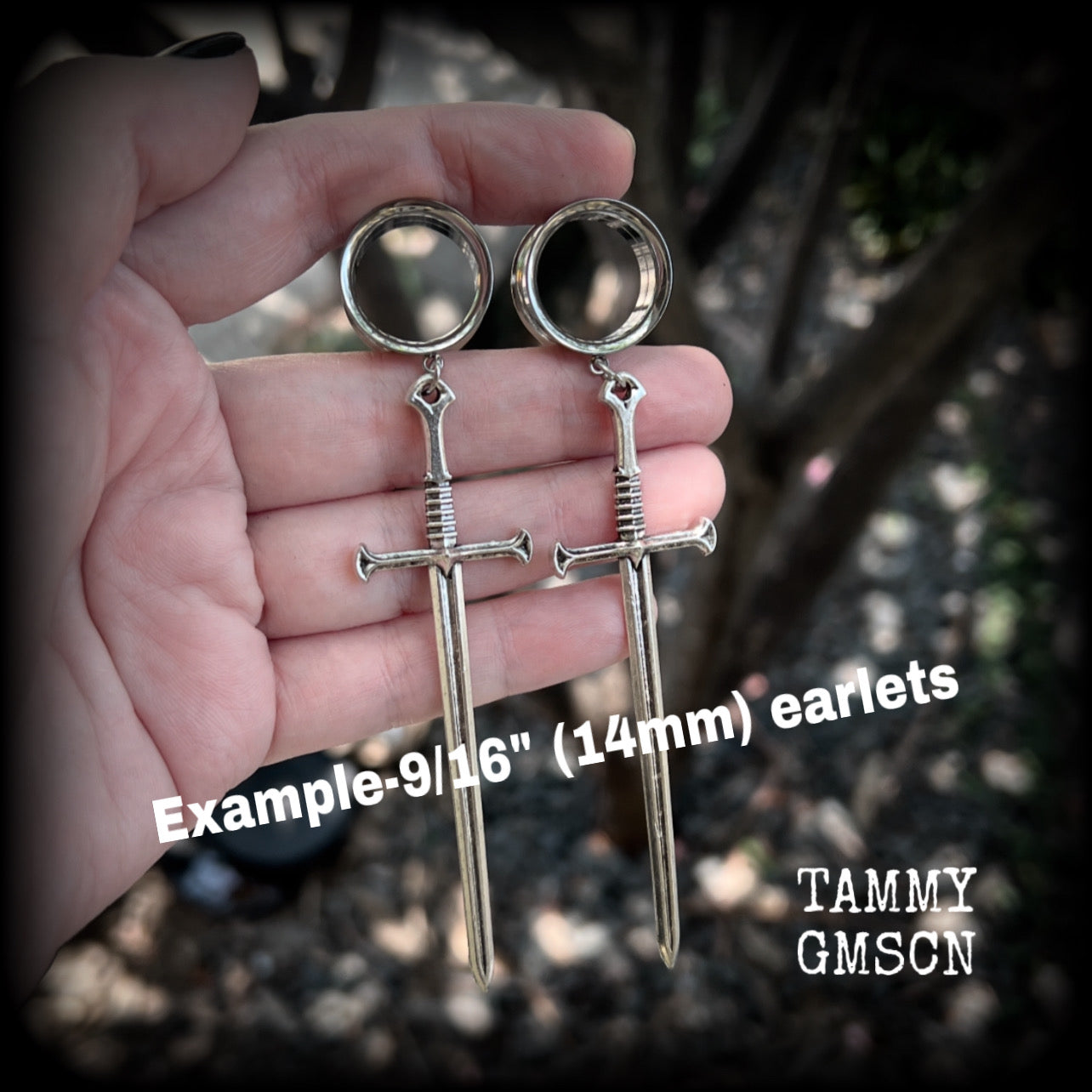 Ace of swords gauged earrings-Silver sword ear hangers