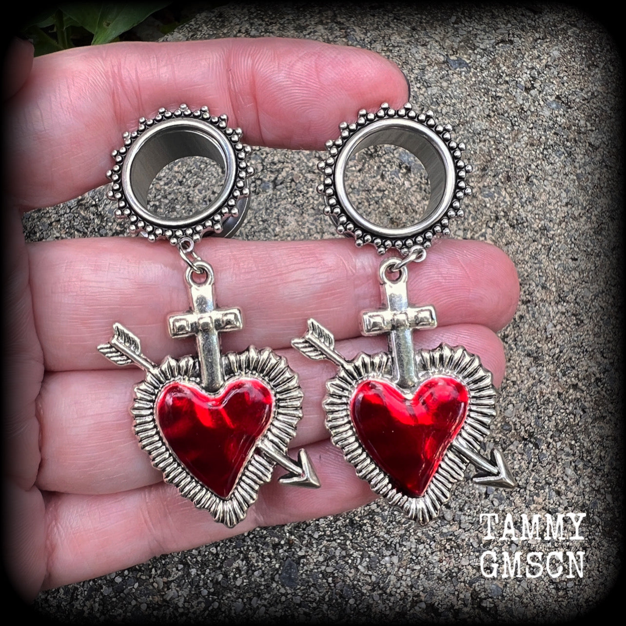 Sacred heart earrings Flaming heart earrings Milagros heart jewelry Corazon tunnels -2 gauge/6mm 
-0 gauge/8mm 
-00 gauge/10mm 
-1/2" gauge/12mm 
-9/16" gauge/14mm 
-5/8" gauge/16mm 
-3/4" gauge/19mm
-7/8" gauge/22mm
-1" gauge/25mm ear gauges