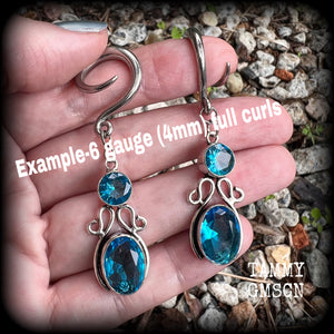 Blue topaz boho hanging gauges-Gemstone ear weights