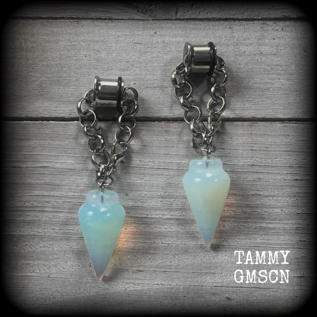 These gorgeous opalite earrings have been made with transluscent gemstone pendulums, are nice and dangly measuring in at just on 7.5cms from tip to tip and not too heavy at 11 grams a piece.

🔥🔥🔥 This listing is for a chunky chain/lobster clasp combination suitable for 00 gauge and larger. If you choose a smaller size of tunnel than 00 gauge we will make these on a smaller chain.

💥This listing includes one pair of surgical steel single flared O-ring earlets