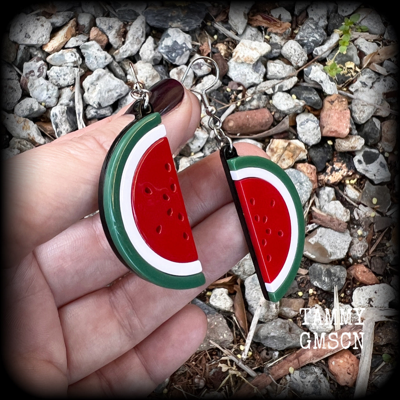 Watermelon earrings Fruit earrings Kitsch earrings Retro earrings Tunnels MCM jewelry Vegan Pierced ears Gauges Retro jewelry Fruit salad Gifts for vegans Novelty earrings Red earrings Bright earrings Colourful earrings Retro jewelry Kitsch jewelry