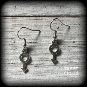This pair of earrings features antique silver Male/Mars symbols, are nice and lightweight (at a gram or two each), measuring approx 3.5cms from tip to tip.

This pair has been made on stainless steel french hooks, for pierced ears.