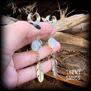 Opalite ear hangers Feather ear weights Gauged earrings Body jewelry Goddess jewelry Gypsy boho 6g 2g 0g 00g 1/2” 9/16” 5/8” 3/4" 7/8" 1” 1.10” 1.18” Stretched ears Stretched lobes Gauged ears Spiral goddess Gemstone ear weights Wicca Pagan earrings