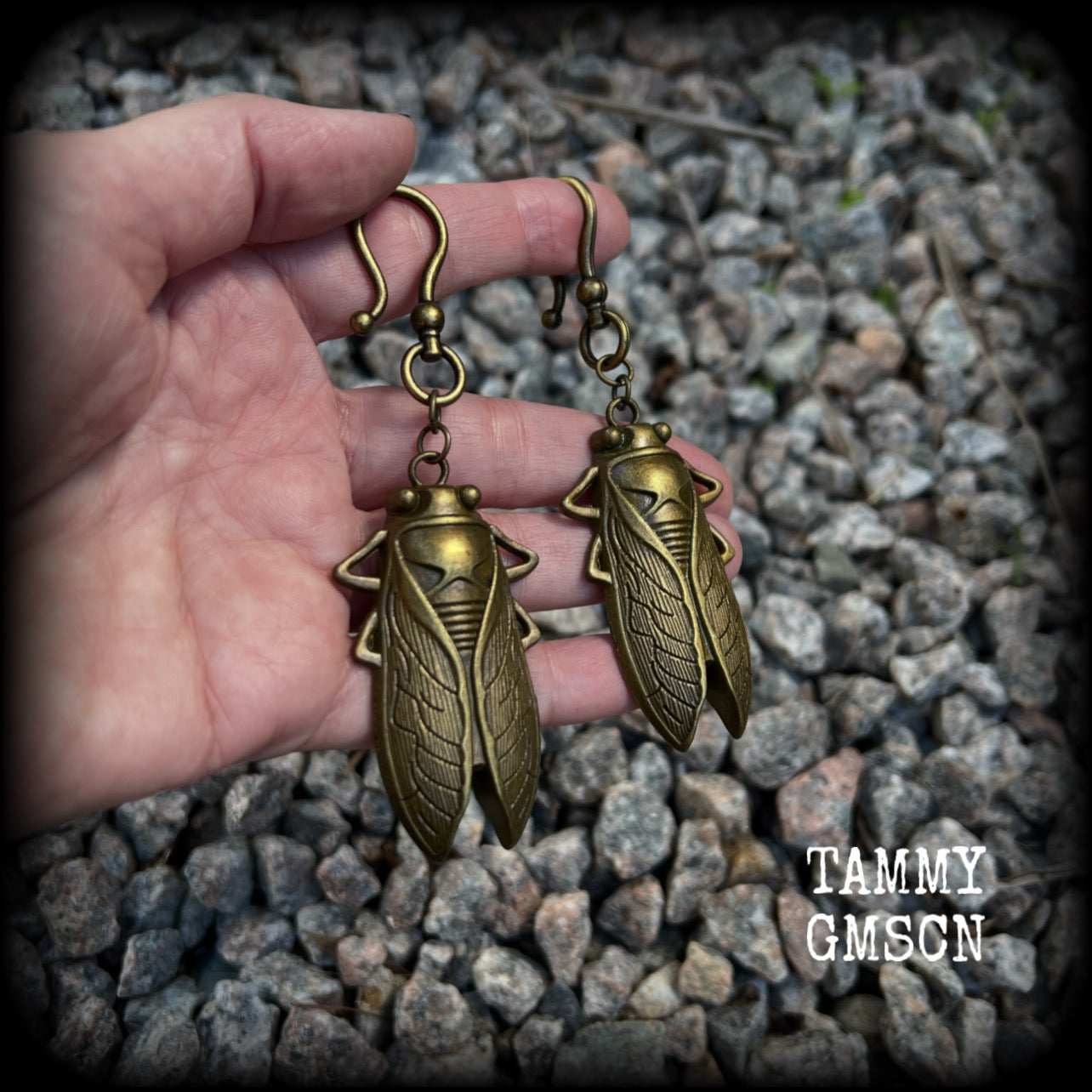 Antique bronze cicada earrings-Insect ear hangers