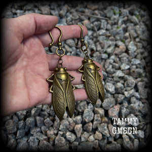 Antique bronze cicada earrings-Insect ear hangers