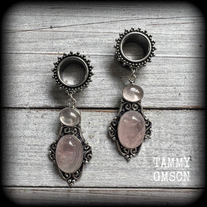 Ornate Rose quartz gemstone tunnel dangles-Gemstone gauges