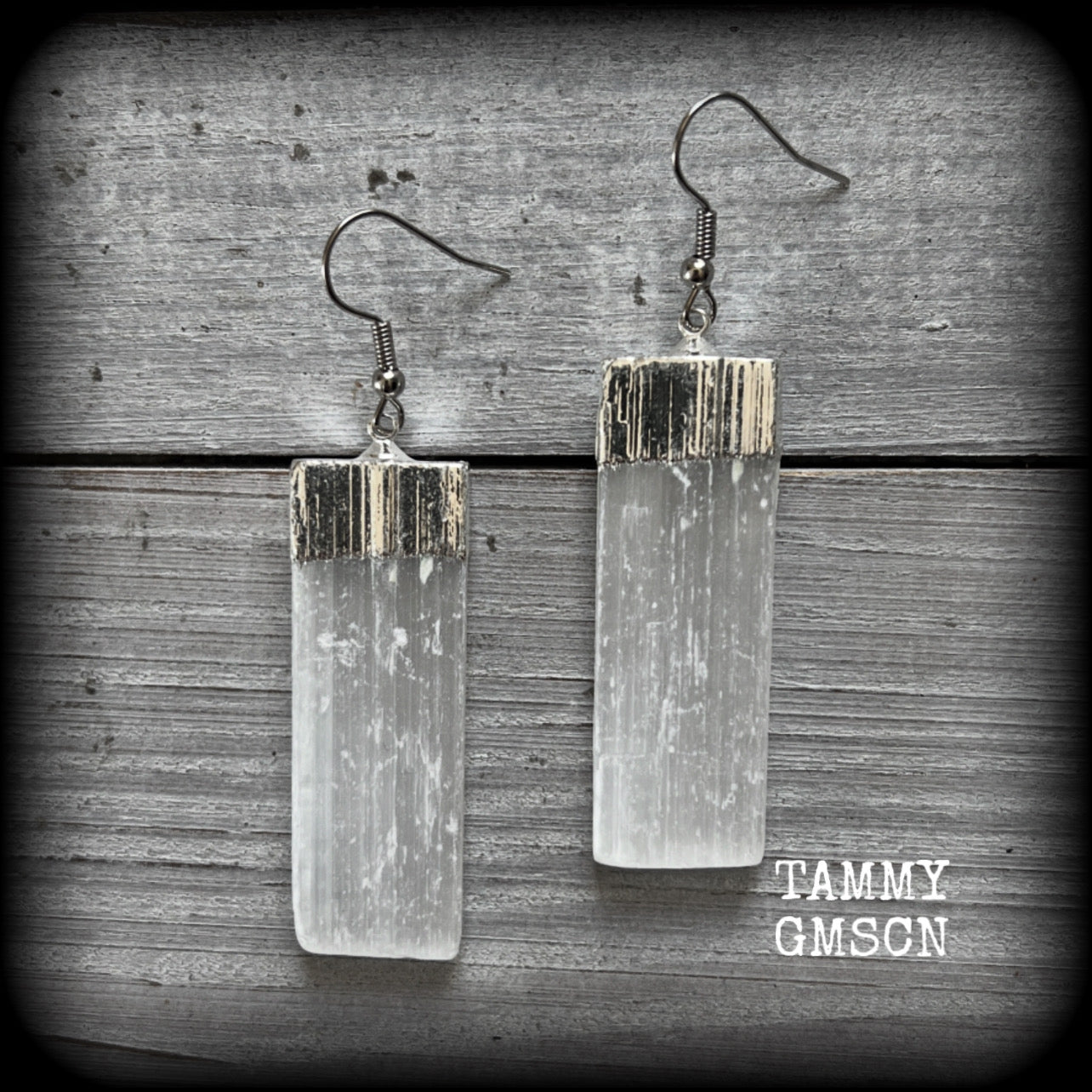 This pair has been made on stainless steel french hooks, suitable for pierced ears, are nice and dangly, measuring just under 7cms from tip to tip, and weighing approx 8 grams each.
