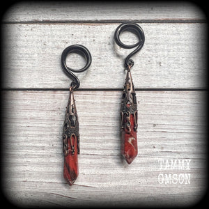 Blossom jasper ear hangers 6 gauge ear weights Gauged earrings Gemstone ear weights 6g 2g 0g 00g 1/2" 9/16" 5/8" 3/4" 7/8" 1" 1.10" 4mm 6mm 8mm 10mm 12mm 14mm 16mm 19mm 22mm 25mm 28mm 30mm Gothic jewelry Black Friday Steampunk Gothic ear weights