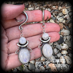 Rainbow moonstone earrings Gemstone gauged earrings Gemstone ear hangers 6 gauge tunnel dangles Gemstone ear weights 