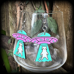 These adorable pastel purple 'UFO cat abduction' earrings measure just over 6cms from tip to tip, and weigh only a few grams each.
This pair has been made on stainless steel french hooks, suitable for pierced ears.