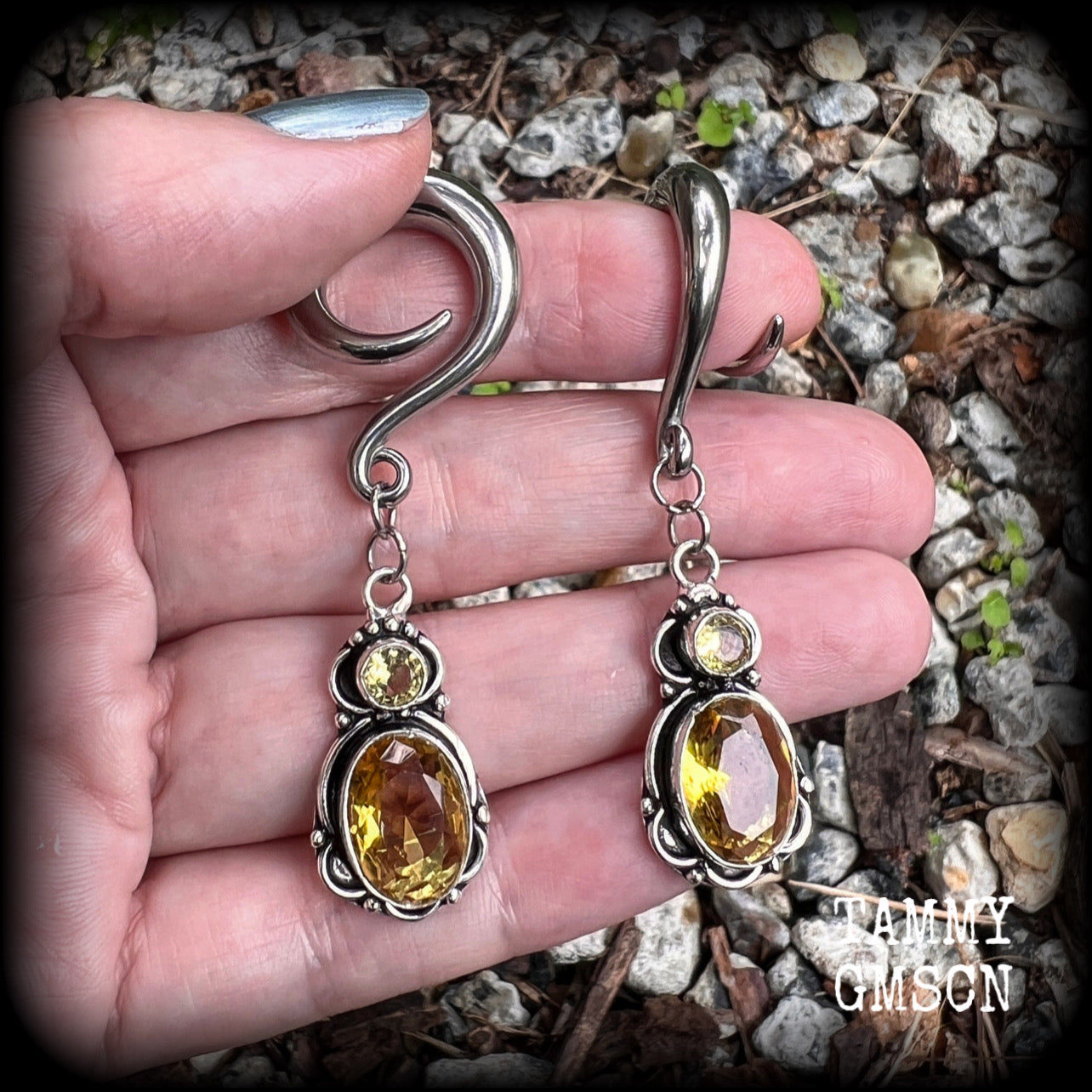 Yellow citrine gauged earrings-Gemstone ear weights-Hanging gauges