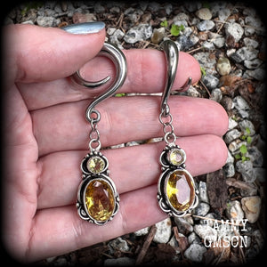 Yellow citrine ear hangers Gemstone ear weights Gauged earrings Ear jewelry Stretched lobes