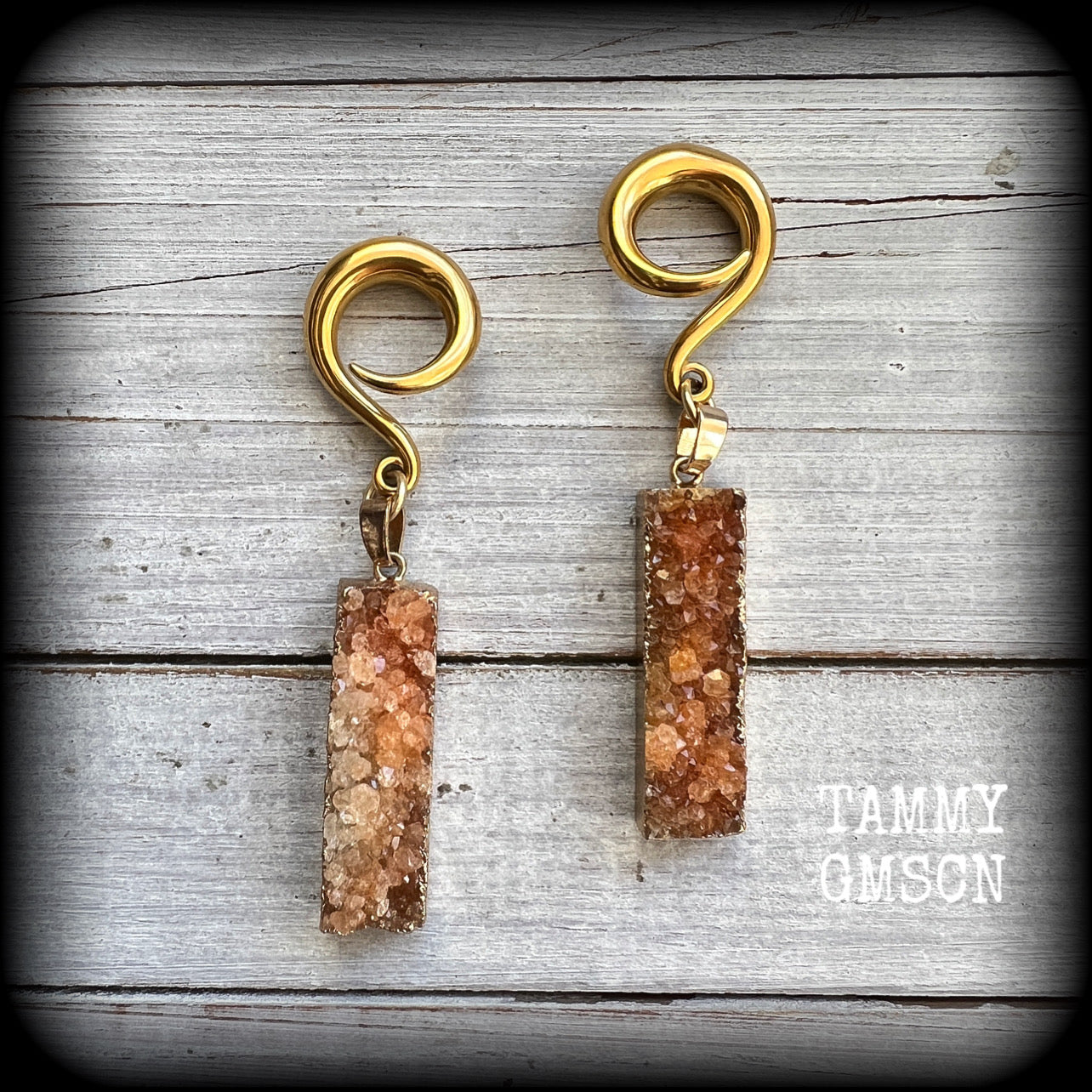 Burnt orange druzy crystal gauged earrings-Ear hangers