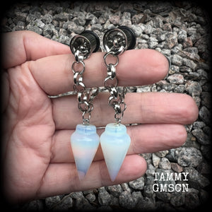 These gorgeous opalite earrings have been made with transluscent gemstone pendulums, are nice and dangly measuring in at just on 7.5cms from tip to tip and not too heavy at 11 grams a piece.

🔥🔥🔥 This listing is for a chunky chain/lobster clasp combination suitable for 00 gauge and larger. If you choose a smaller size of tunnel than 00 gauge we will make these on a smaller chain.

💥This listing includes one pair of surgical steel single flared O-ring earlets