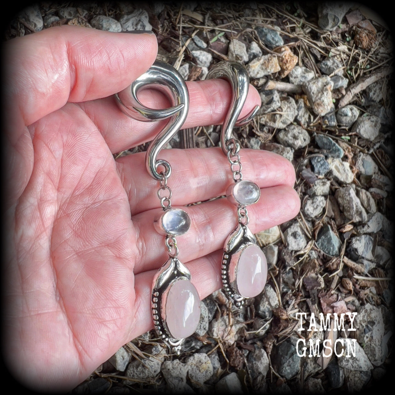 Rose quartz gauged earrings-Gemstone hangers