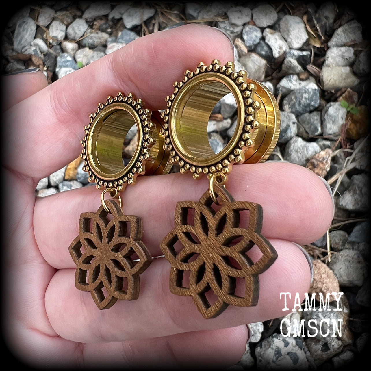 Wood mandala tunnel dangles-Boho gauges