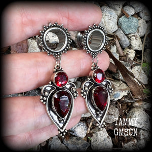 Beautiful deep red garnet gemstones in a gorgeous boho antique silver setting, made on ornate tunnel earrings for stretched lobes, available on a range of hooks and clasps for pierced ears and stretched lobes.