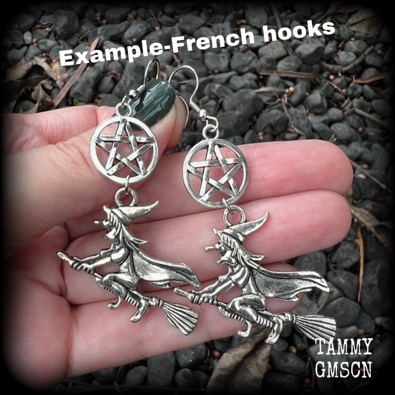 This pair of earrings feature a classic antique silver witch flying on her broomstick dangling from a silver pentagram, are nice and light weight at only 5 grams each, and nice and dangly, measuring just over 7cms from tip to tip.

This pair has been made on stainless steel french hooks, suitable for pierced ears.