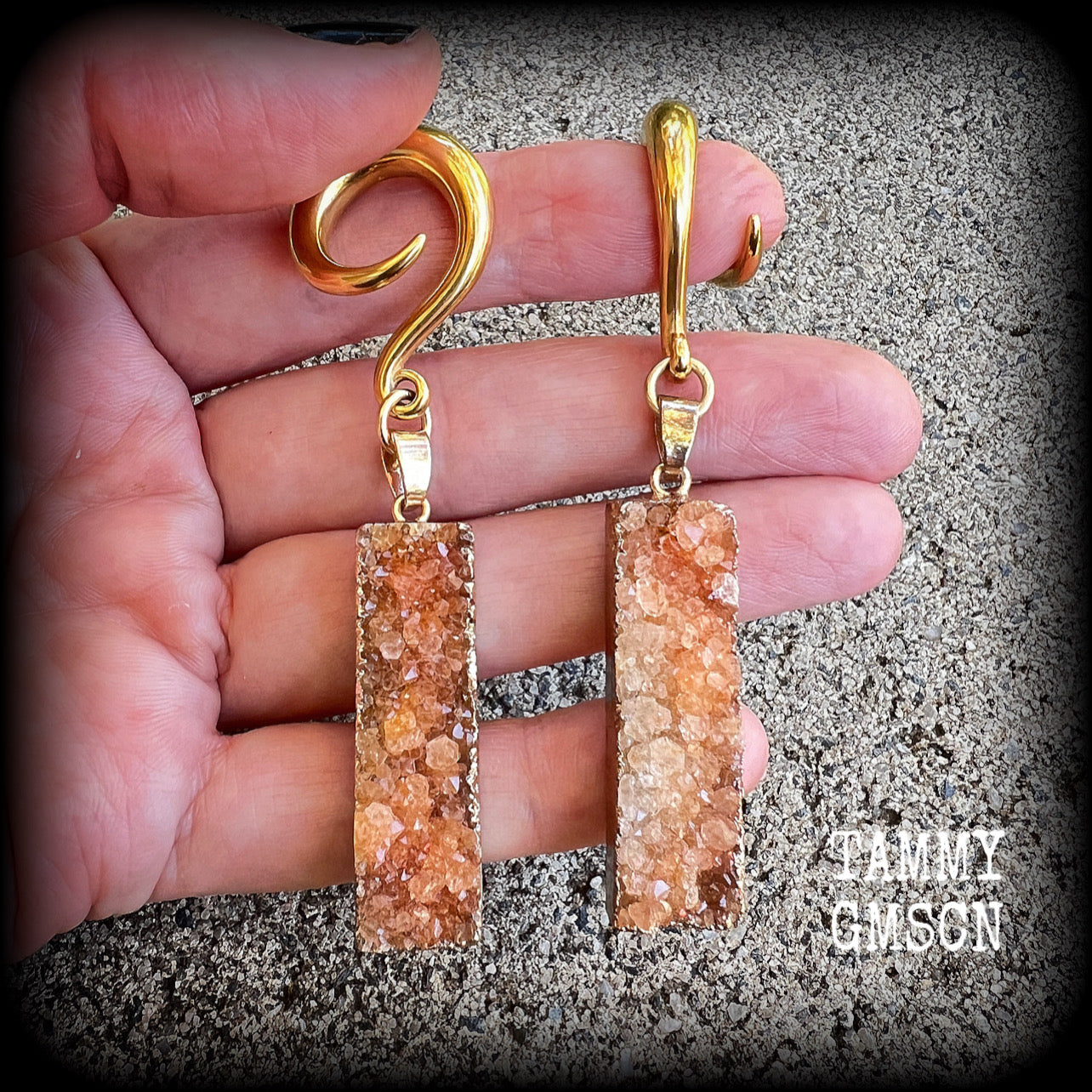 Burnt orange druzy crystal gauged earrings-Ear hangers