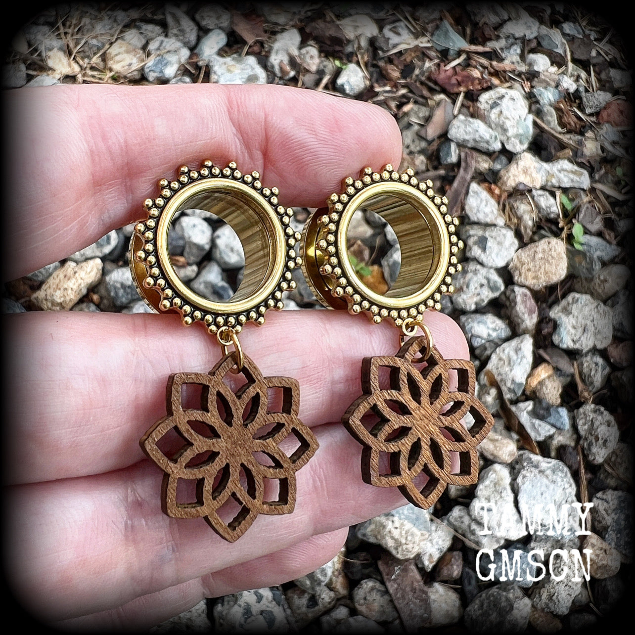 Wood mandala tunnel dangles-Boho gauges