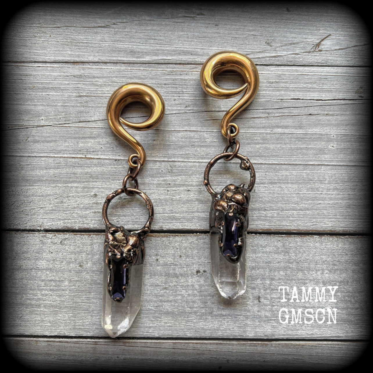 Quartz and amethyst gauged earrings-Gemstone ear weights