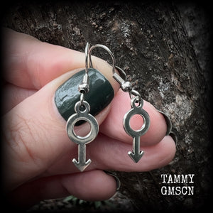 This pair of earrings features antique silver Male/Mars symbols, are nice and lightweight (at a gram or two each), measuring approx 3.5cms from tip to tip.

This pair has been made on stainless steel french hooks, for pierced ears.