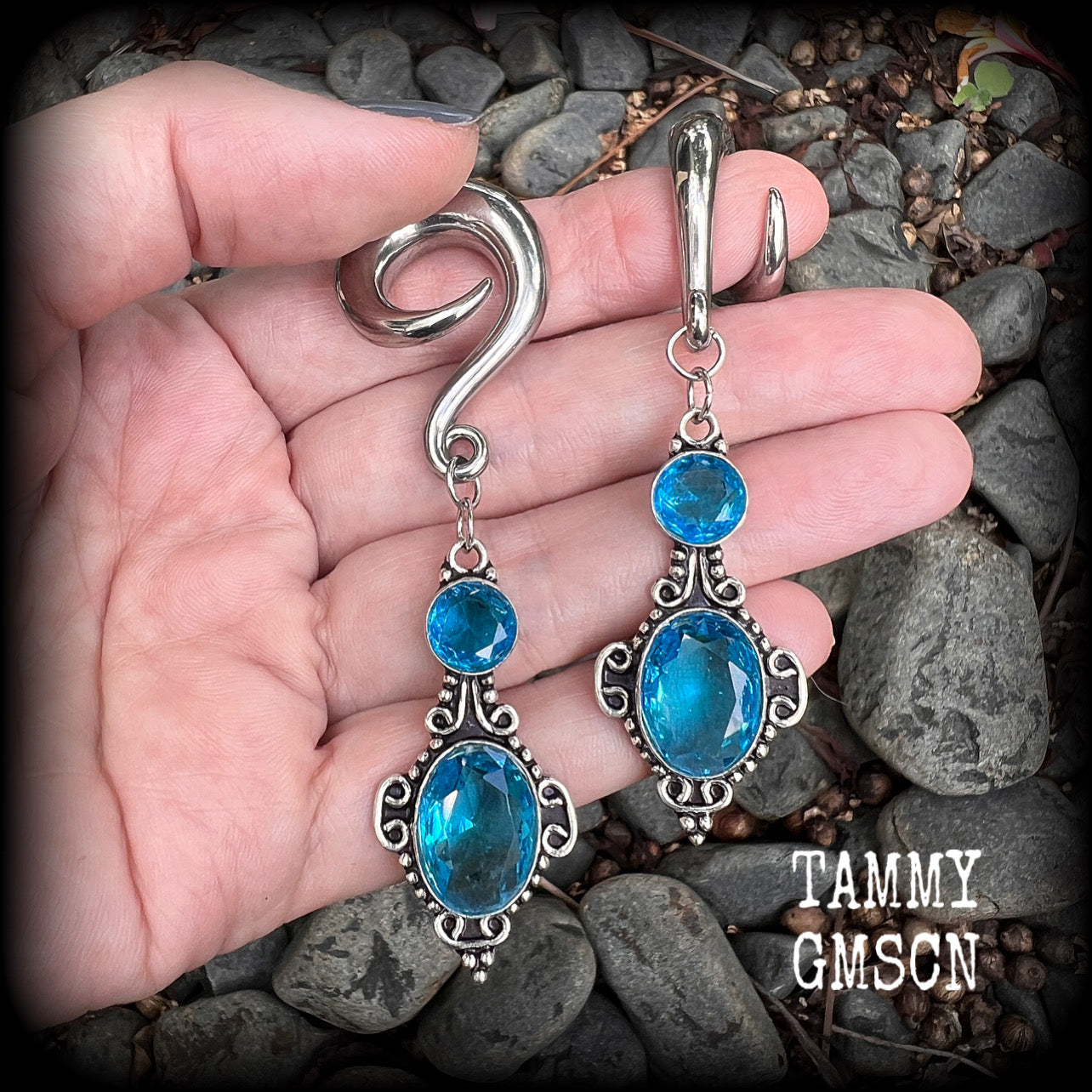 Blue topaz ear hangers Gemstone ear weights Gauged earrings Ear jewelry Stretched lobes