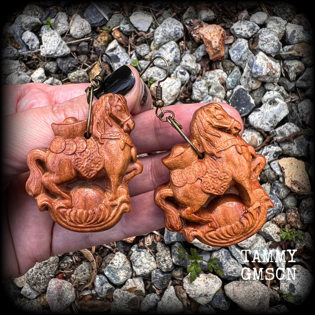 Carved wood horse earrings Chinese zodiac earrings Year of the horse Wood earrings Stretched lobes Body jewelry Pierced ears Gauges Ear hangers