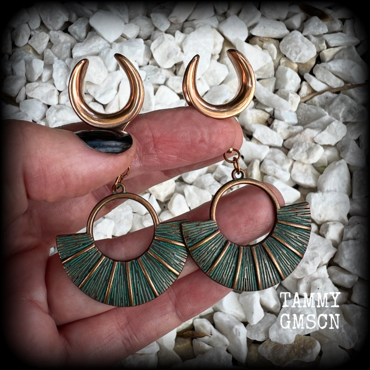 Inspired by Ishtar, Mesopotamian Goddess of love, beauty, sex and war, these beautiful patina and rose gold battle shield gauged earrings weigh approx 8 grams a piece, and measure just under 7 cms from tip to tip.

This pair have been made on 5/8” gauge (16mm) surgical steel cradles, suitable for stretched lobes.