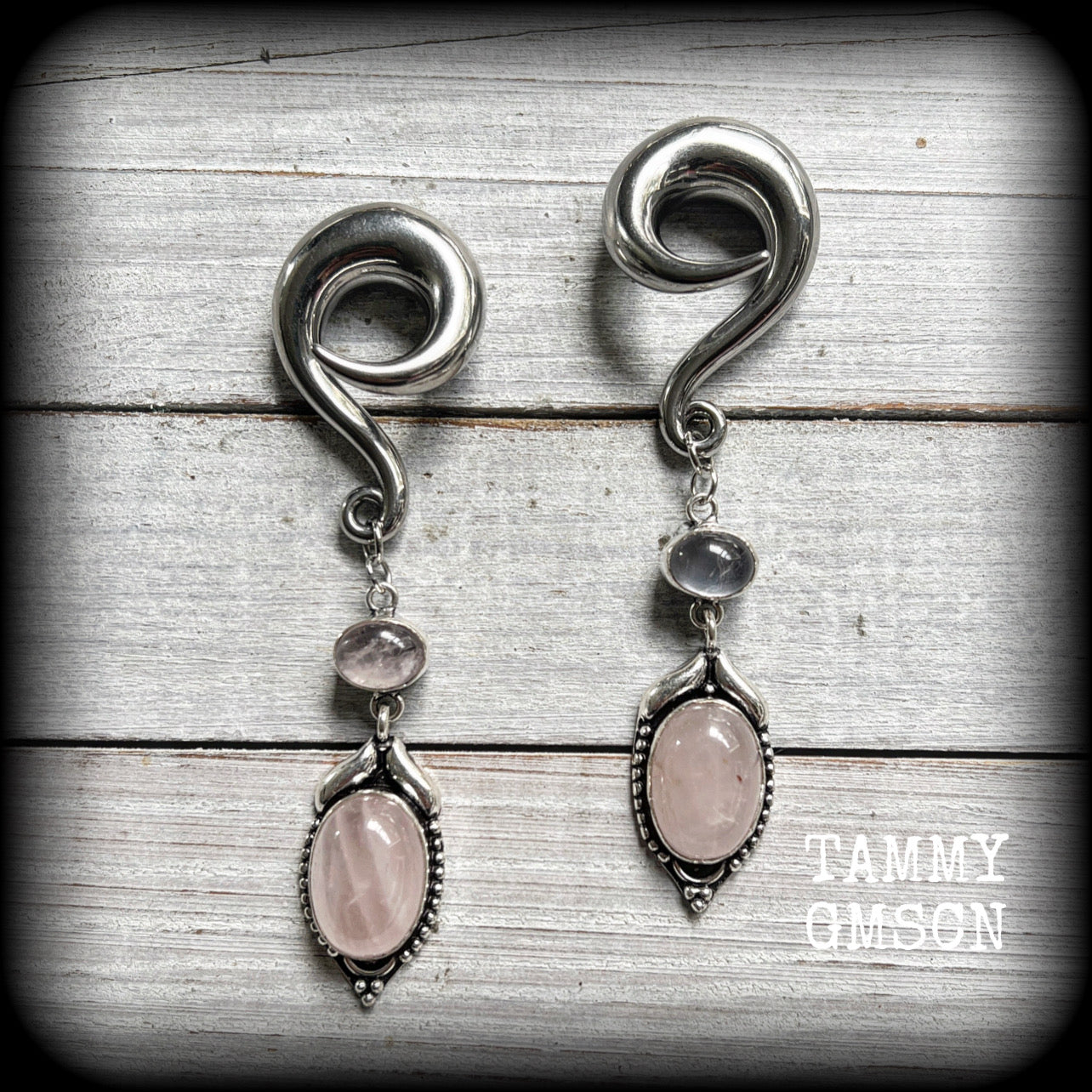 Rose quartz gauged earrings-Gemstone hangers