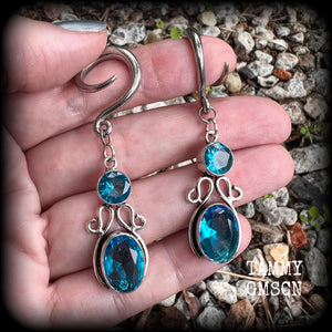 Blue topaz boho hanging gauges-Gemstone ear weights