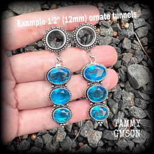 Blue topaz ear weights Gemstone gauged earrings 1/2” ear weights Body jewelry Gemstone tunnels 6g 2g 0g 00g 1/2 9/16 5/8 3/4 7/8 1 1.10 1.18 Whimsygoth Gothic Gauges  Ear hangers Tunnel dangles 4mm 6mm 8mm 10mm 12mm 14mm 16mm 19mm 22mm 25mm 28mm 30mm
