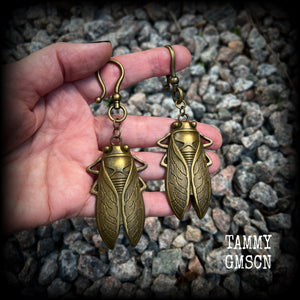 Antique bronze cicada earrings-Insect ear hangers