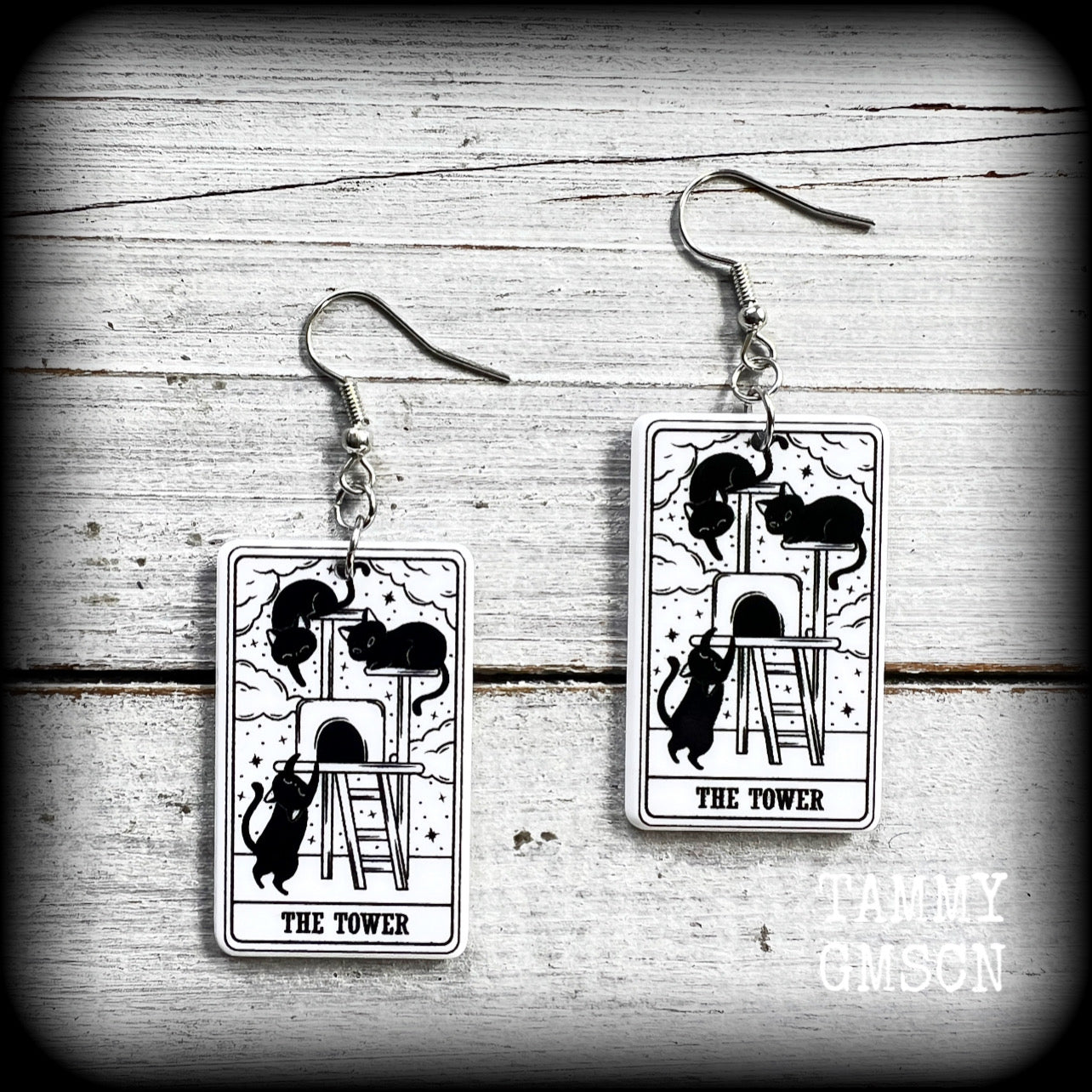 The Cat Tower tarot card earrings